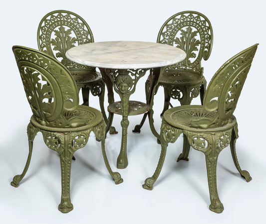 Antique cast iron garden setting 19th century with marble topped table