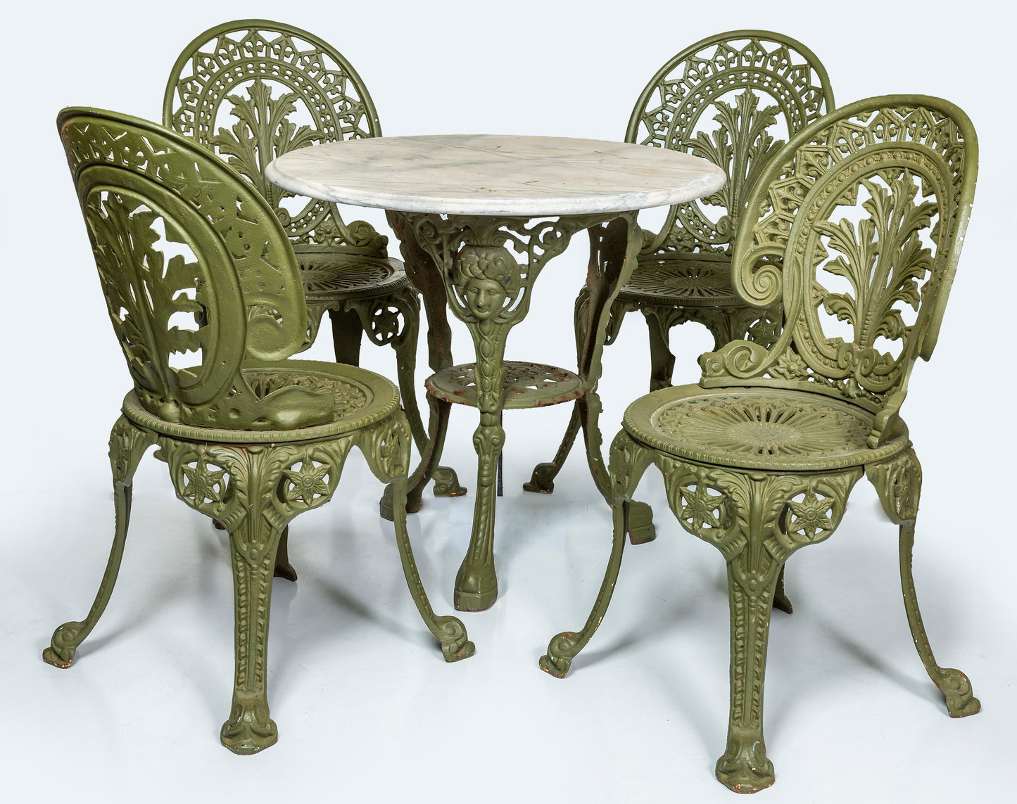 Antique cast iron garden setting 19th century with marble topped table