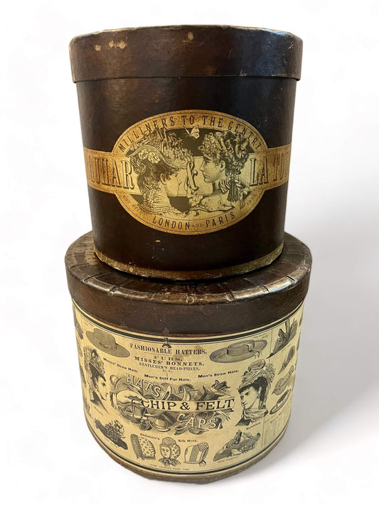 Two antique 19th century English woman's hat box's