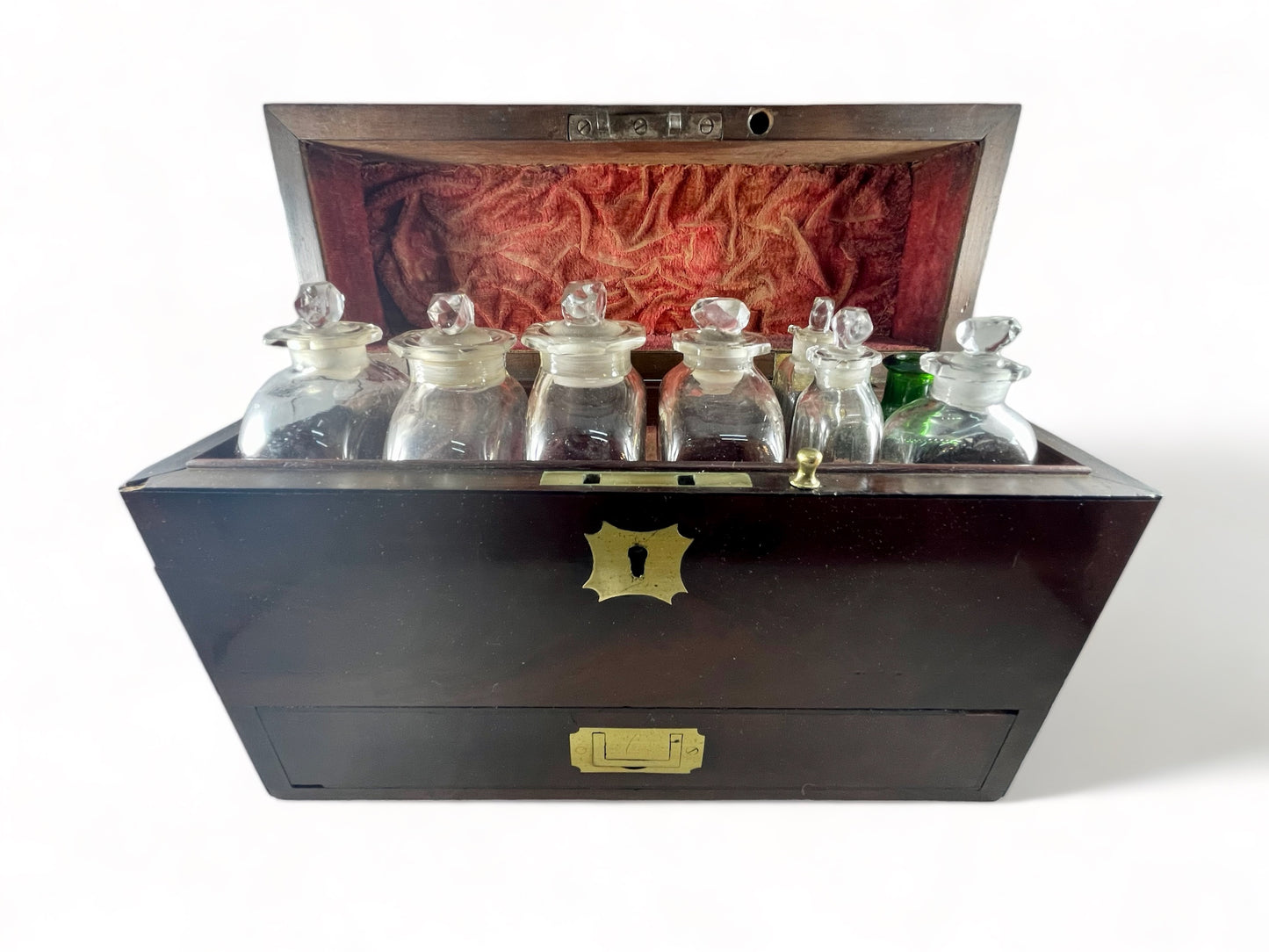 Antique 1700s English mahogany Georgian Apothecary campaign chest