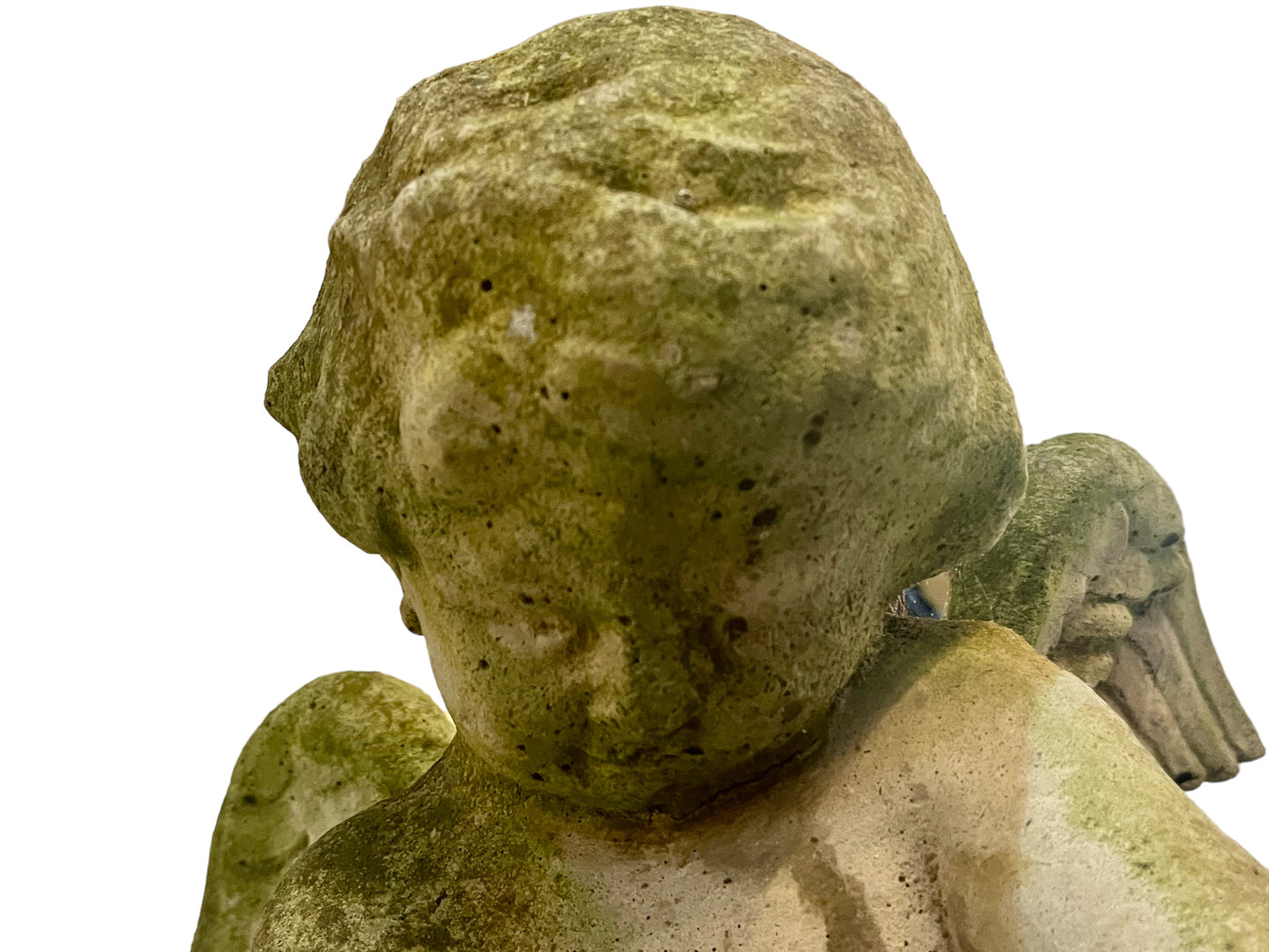 Reconstituted stone cupid on column garden statue