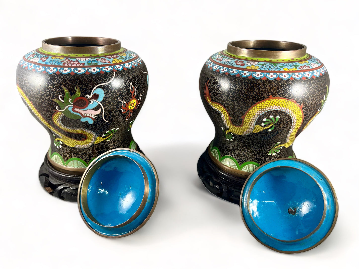 Pair of Chinese cloisonne lidded urns circa 1920