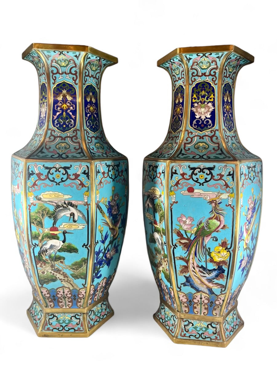 Antique pair of Chinese Cloisonné temple vases