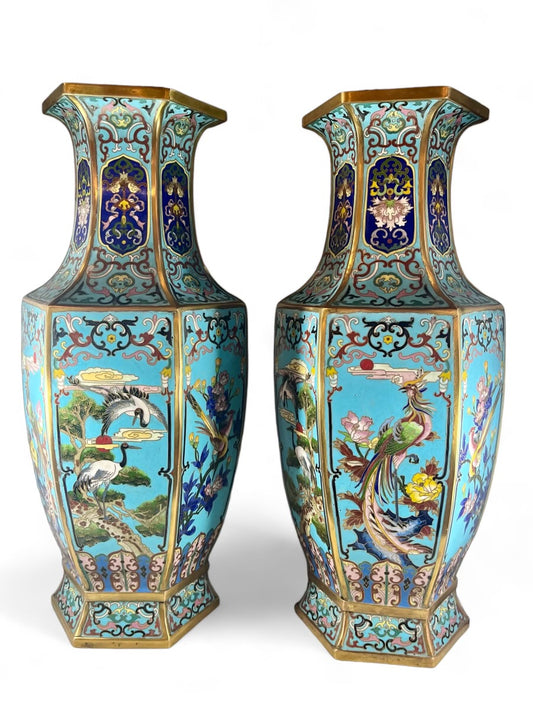 Antique pair of Chinese Cloisonné temple vases