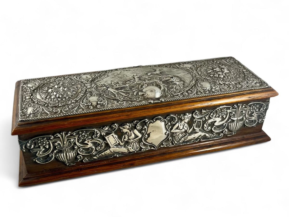 Antique English Art Nouveau Stirling silver mounted oak casket