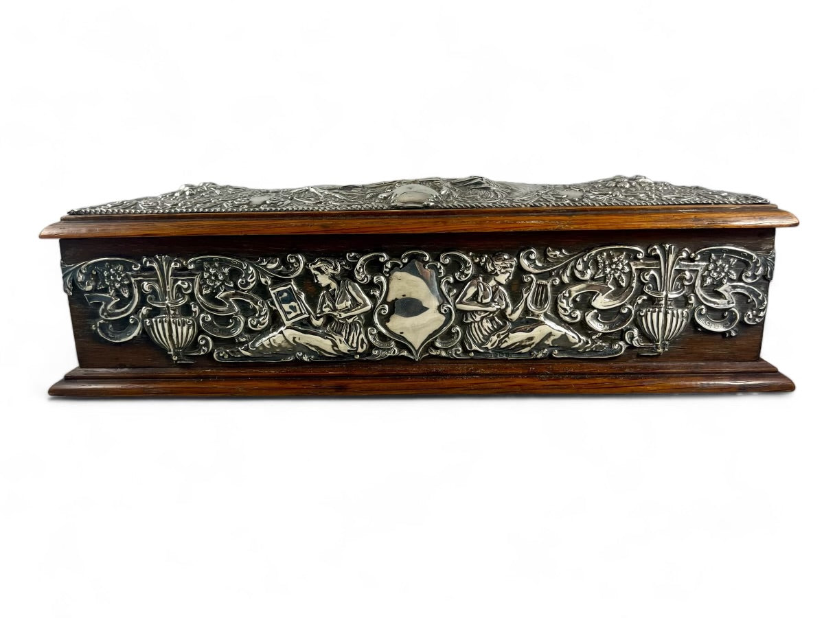 Antique English Art Nouveau Stirling silver mounted oak casket