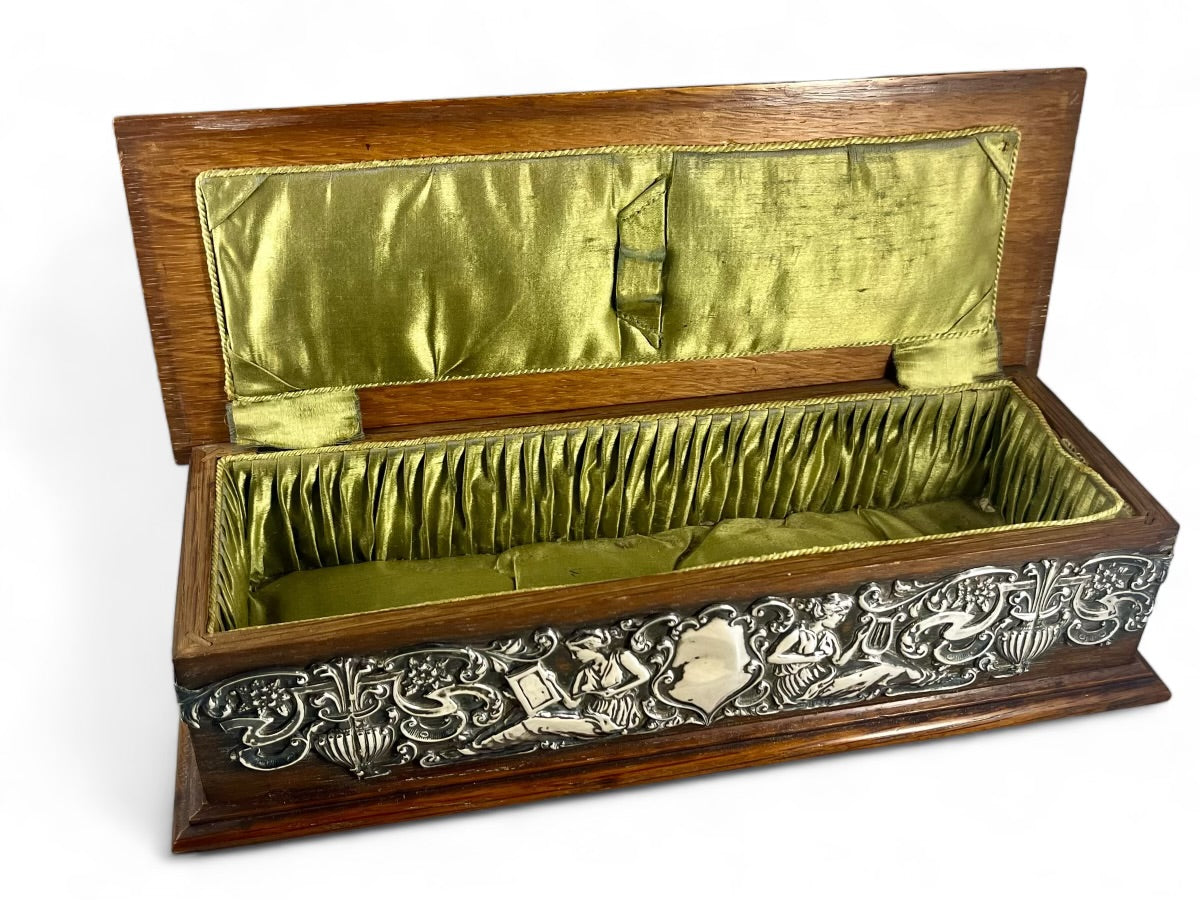 Antique English Art Nouveau Stirling silver mounted oak casket