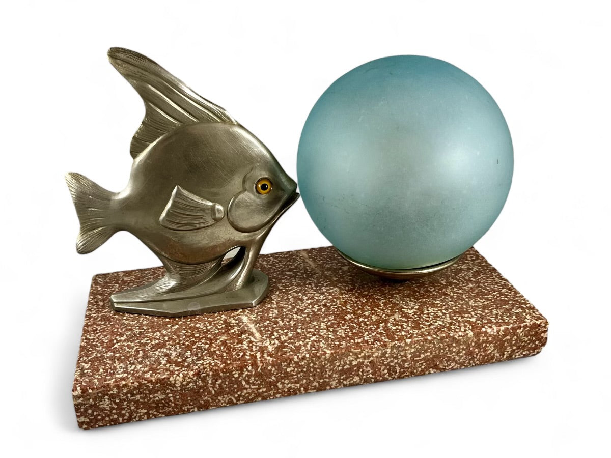 Vintage French art deco bubble blowing fish lamp on marble base