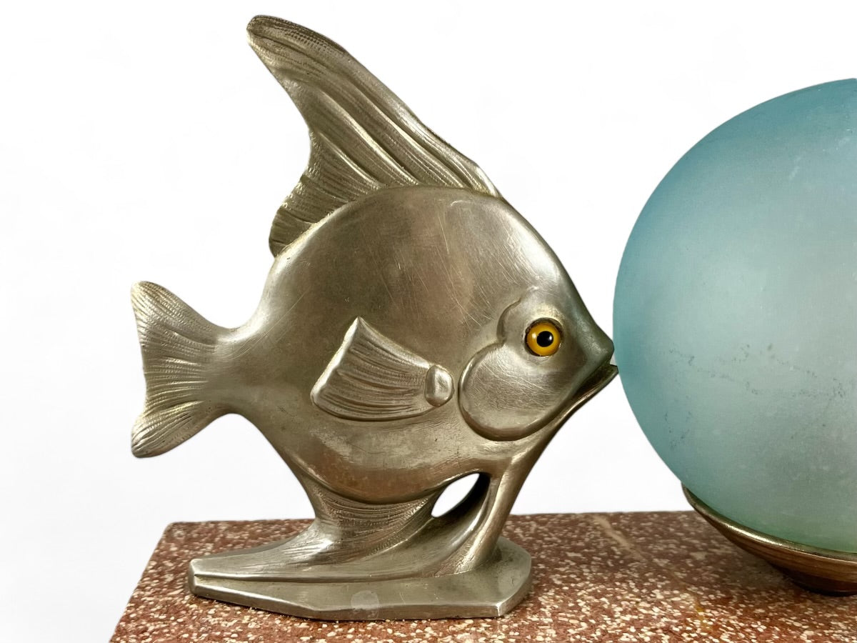 Vintage French art deco bubble blowing fish lamp on marble base
