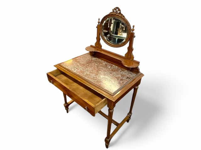 Antique French walnut ladies dressing table with marble top