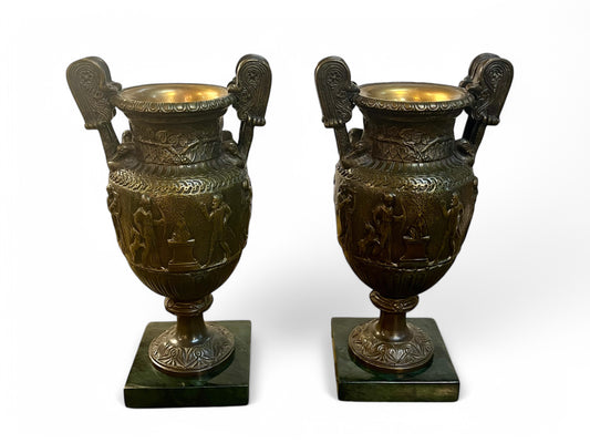 Antique A pair of 19th century French renaissance cast bronze urns