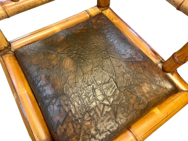 Antique Perret and Vibert French chinoiserie bamboo arm chair with original leather upholstery