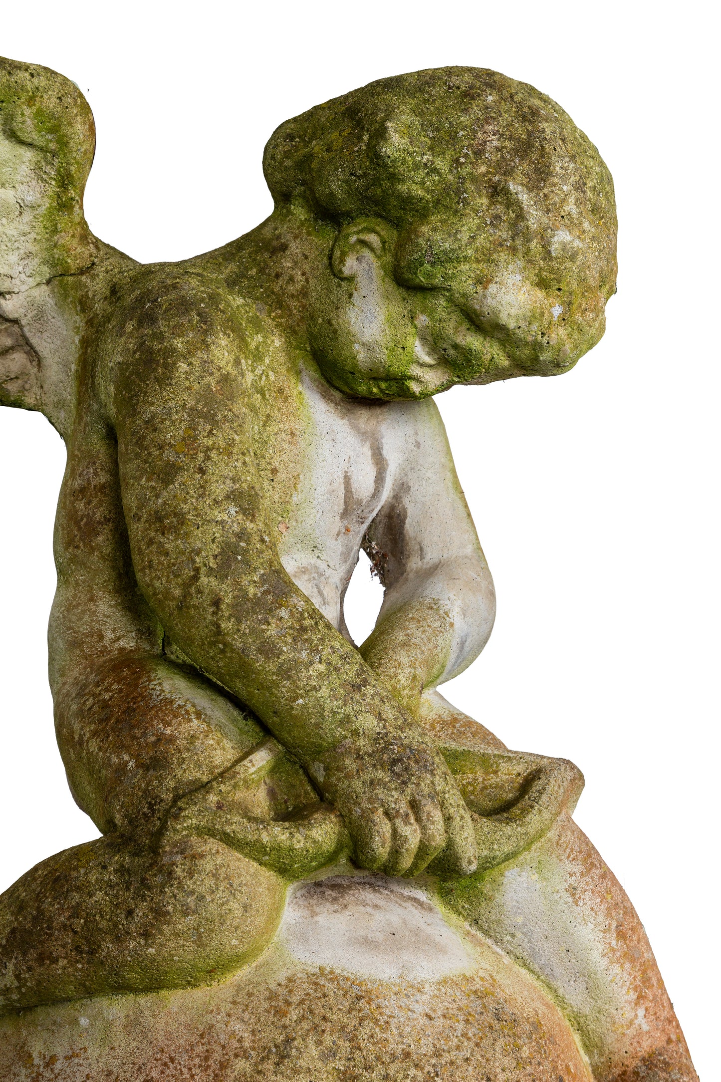 Reconstituted stone cupid on column garden statue