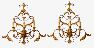 Antique pair of French wrought iron and pressed tin wall brackets gold painted finish