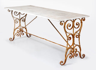 Vintage garden table 1920 French marble-topped on wrought iron base