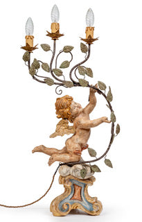 Antique Italian carved wood and wrought iron painted lamp Baroque style candelabra