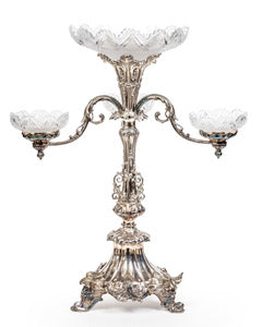 Antique English fine quality 3 branch silver plated epergne with cut glass bowls