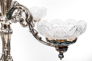 Antique English fine quality 3 branch silver plated epergne with cut glass bowls