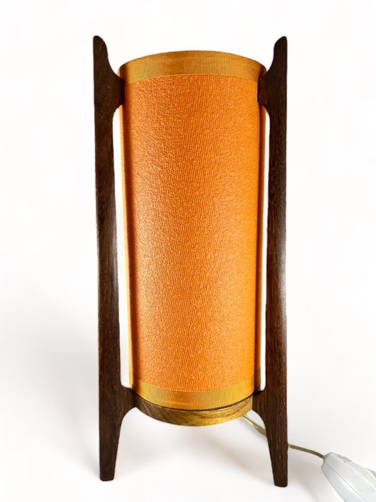 Retro table lamp original orange parchment shade and teak stand