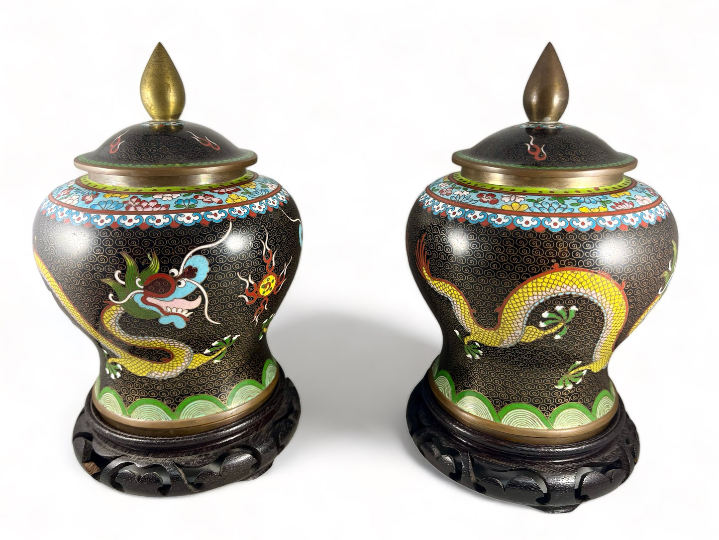 Pair of Chinese cloisonne lidded urns circa 1920