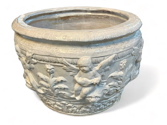 Vintage 1920 century French terracotta white glazed jardiniere, decorated with winged cherubs and foliage