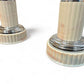 A pair of vintage 1930 white bakelite and chrome column, with shades of pink, art deco table lamps.