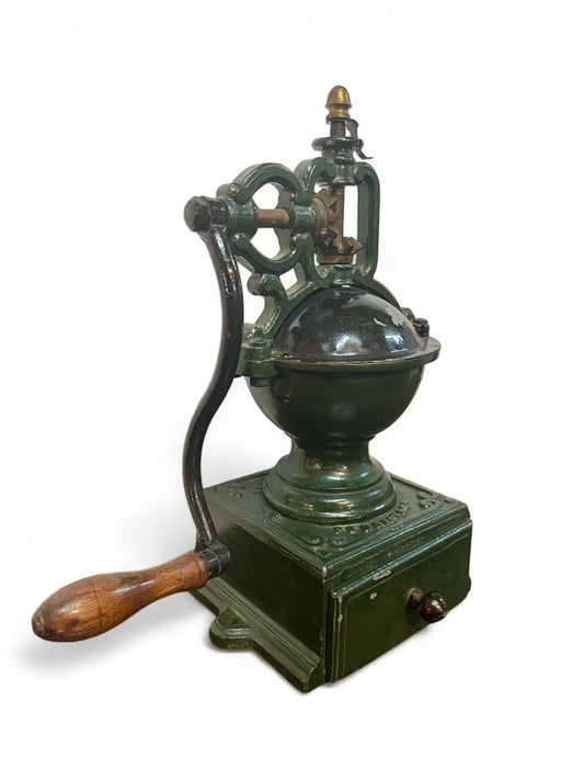 An Antique 19th century 1880 French coffee grinder, complete with its small collecting drawer and original pull knob