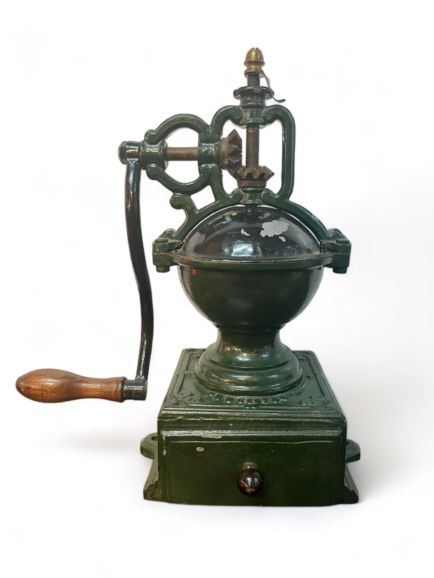 An Antique 19th century 1880 French coffee grinder, complete with its small collecting drawer and original pull knob