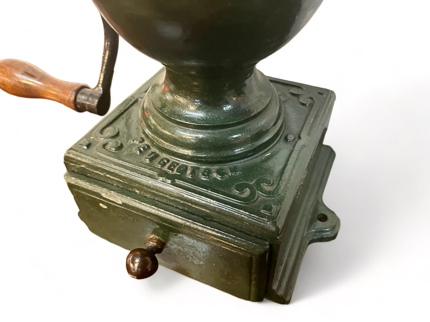 An Antique 19th century 1880 French coffee grinder, complete with its small collecting drawer and original pull knob