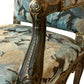 A antique 19th century French parcel gilt winged back arm chair, supported by 4 carved