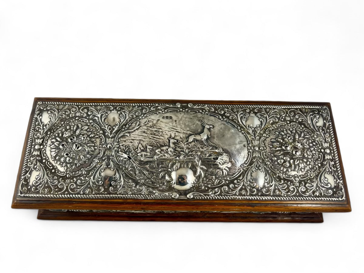 Antique English Art Nouveau Stirling silver mounted oak casket