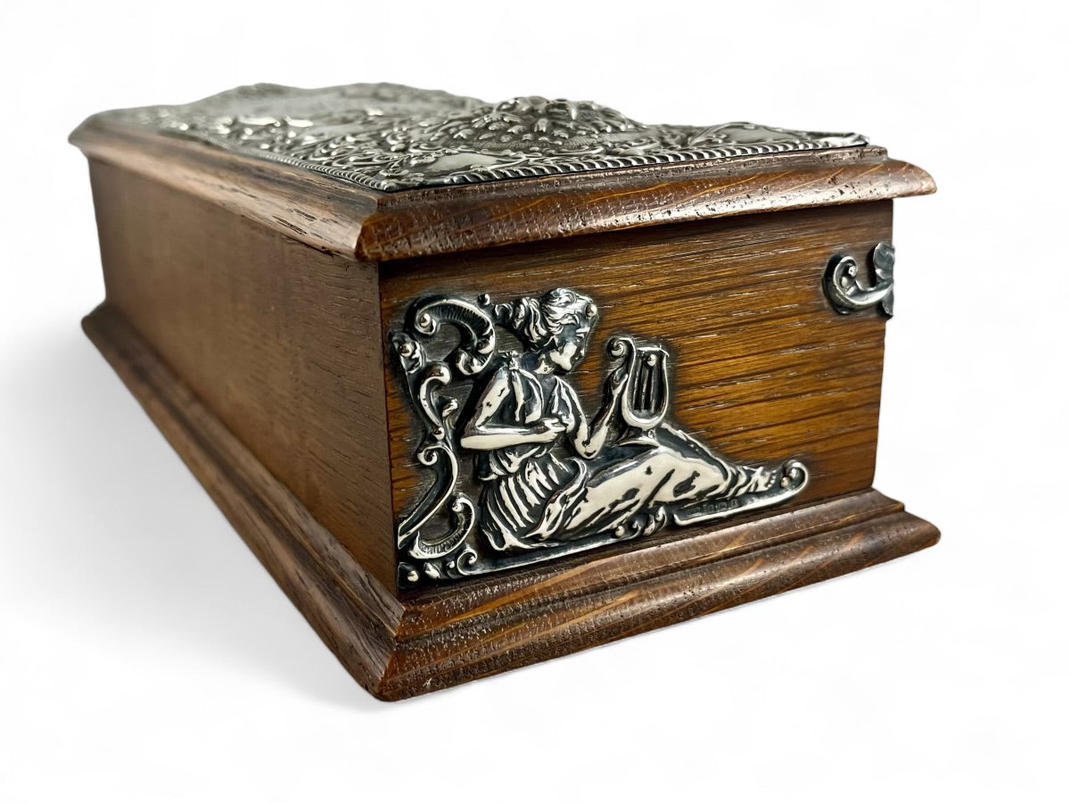Antique English Art Nouveau Stirling silver mounted oak casket