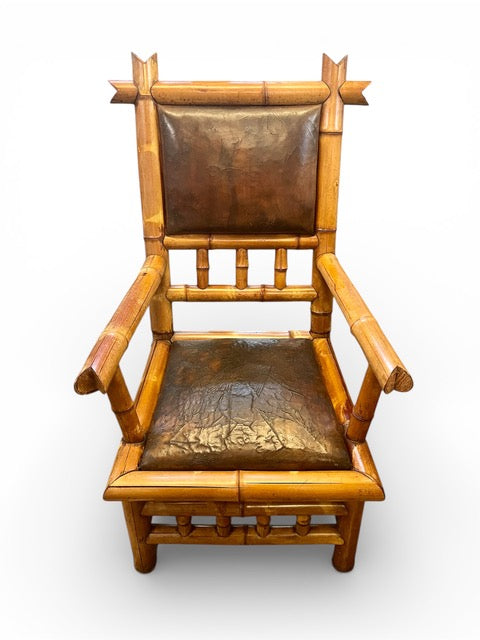 Antique Perret and Vibert French chinoiserie bamboo arm chair with original leather upholstery