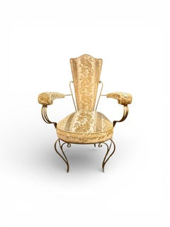 Vintage French Art Deco style wrought iron with gilt finish glass topped table with two chairs