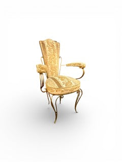 Vintage French Art Deco style wrought iron with gilt finish glass topped table with two chairs