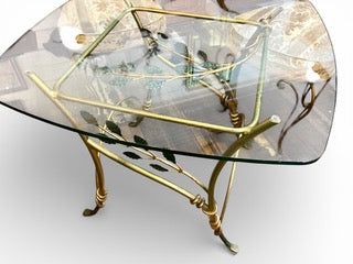 Vintage French Art Deco style wrought iron with gilt finish glass topped table with two chairs