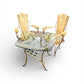 Vintage French Art Deco style wrought iron with gilt finish glass topped table with two chairs