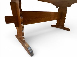 Antique French early 20th century pine provincial refectory table with carved stretcher base