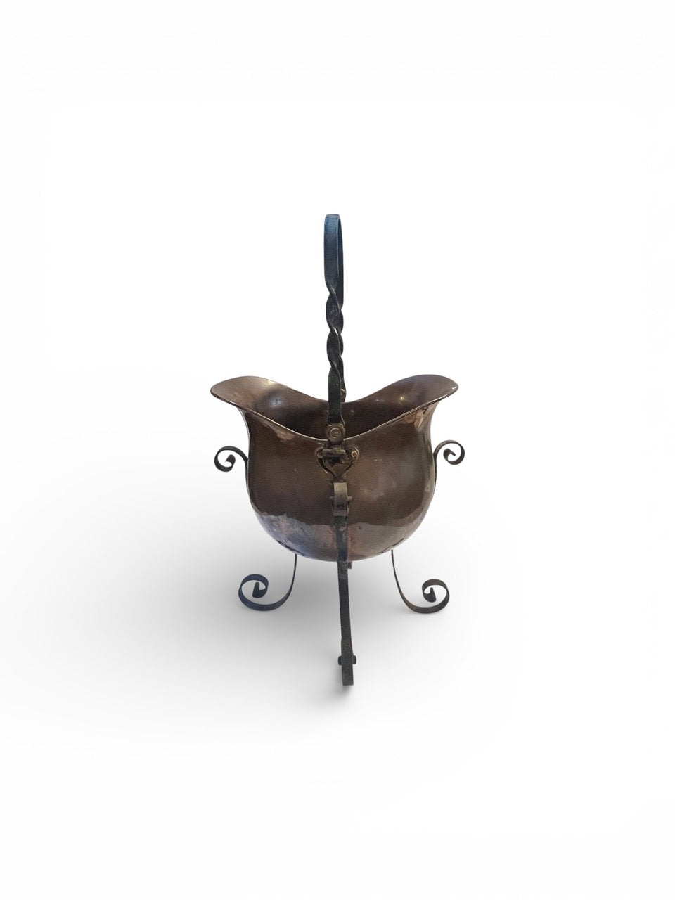 Antique French helmet shaped copper jardiniere mounted in the original wrought iron stand