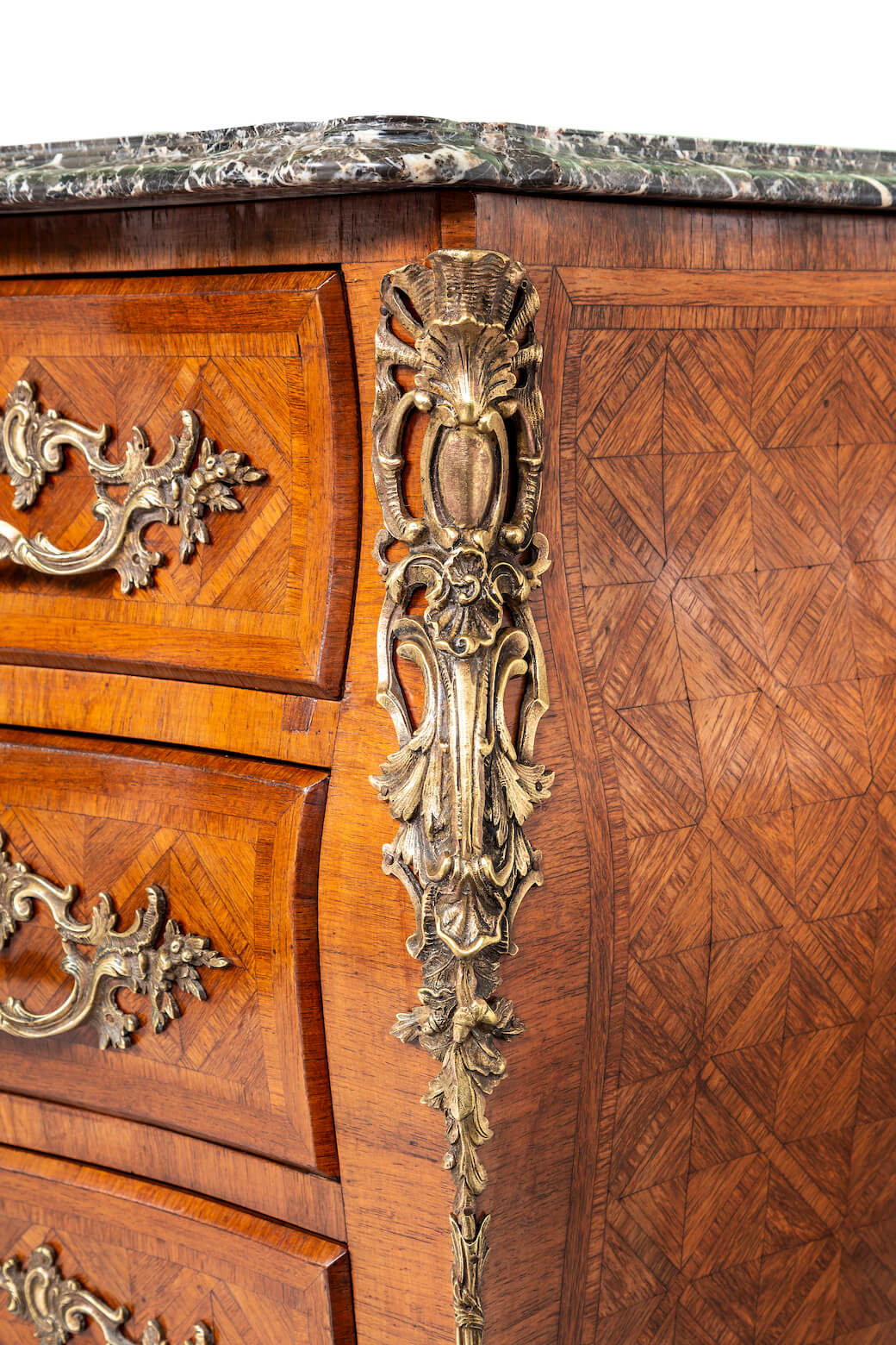 Antique 19th century French Louis XV style serpintine front marble topped commode.