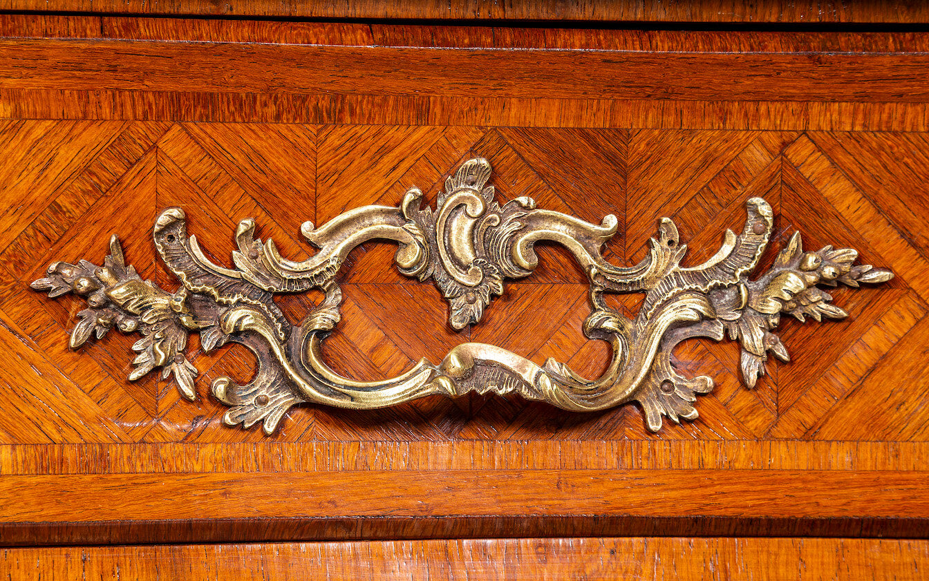 Antique 19th century French Louis XV style serpintine front marble topped commode.