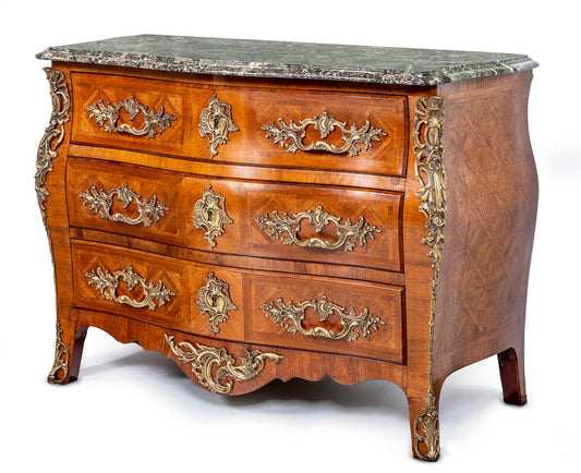 Antique 19th century French Louis XV style serpintine front marble topped commode.