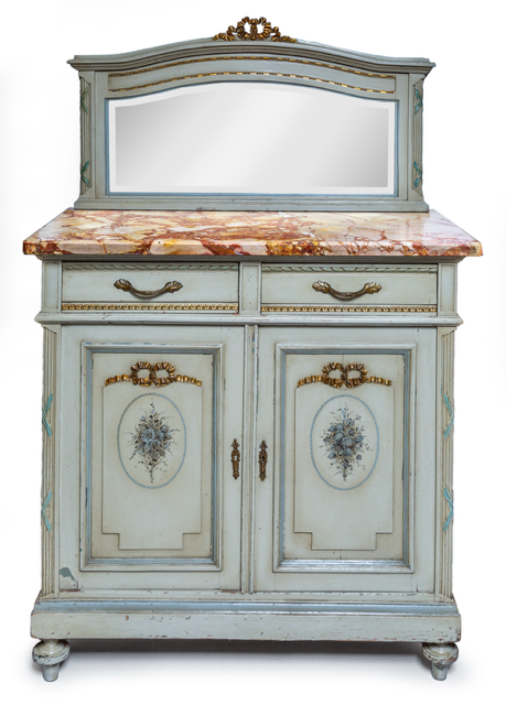 Antique French painted and parcel gilt two door mirror backed sideboard