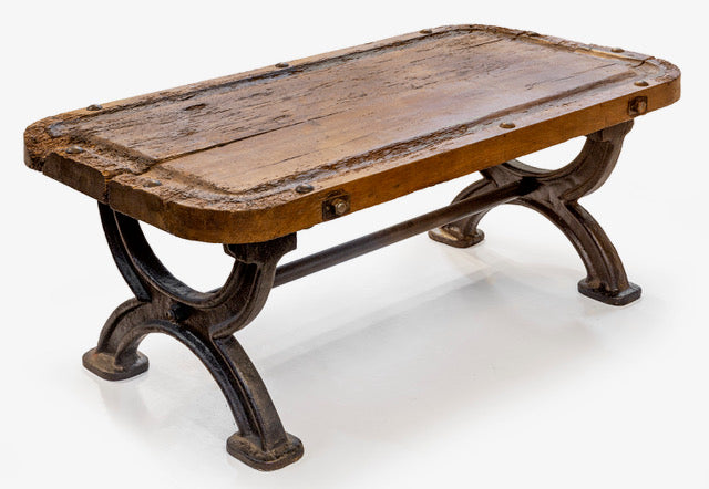 Antique 19th century industrial coffee table cast iron and timber from French railways