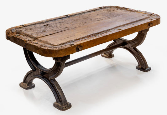 Antique 19th century industrial coffee table cast iron and timber from French railways