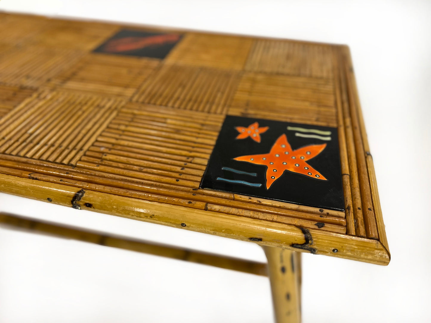 Vintage bamboo and ceramic tiled coffee table.